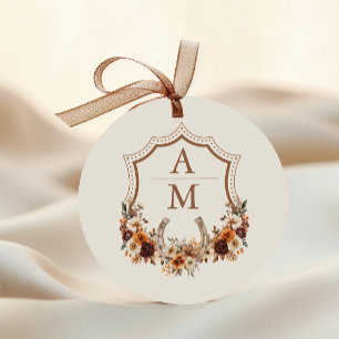 Blommigt Western Vapensköld Monogram Bröllop Runt Klistermärke