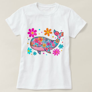 Blommigt Whale med färgblommor - Boho Ocean T Shirt