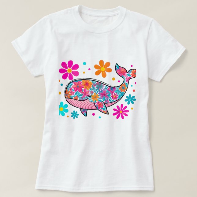 Blommigt Whale med färgblommor - Boho Ocean T Shirt (Design framsida)