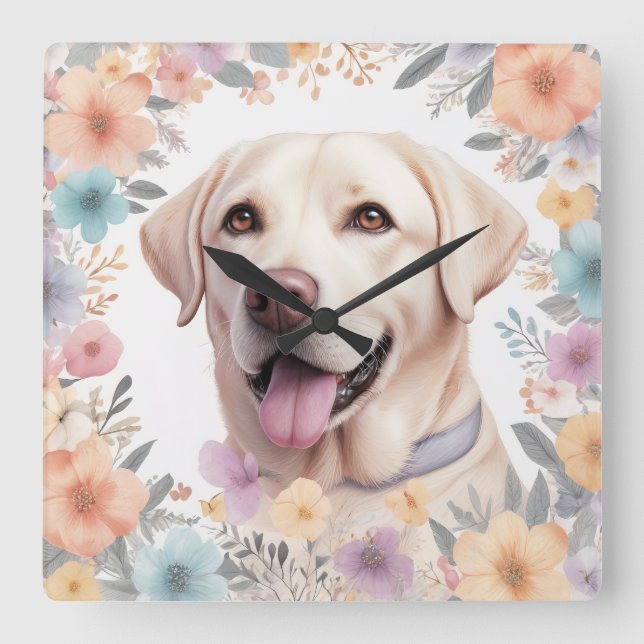 Blommigt Whimsical Labrador Retriever Illustration Fyrkantig Klocka (Framsida)