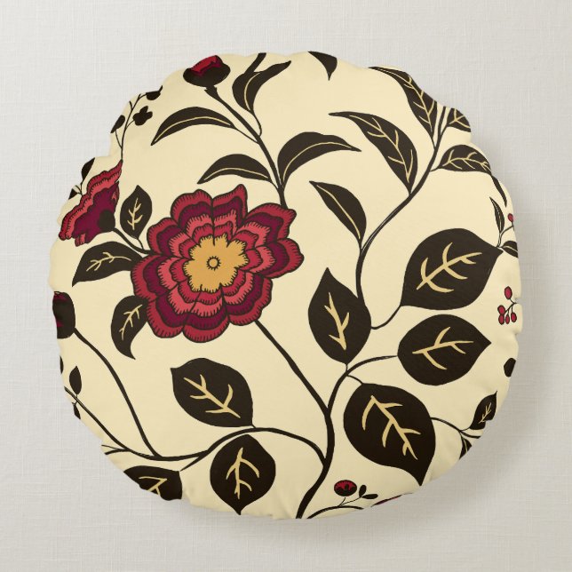 Blommigt Whisper Red-Gult Rund Kudde (Framsidan)