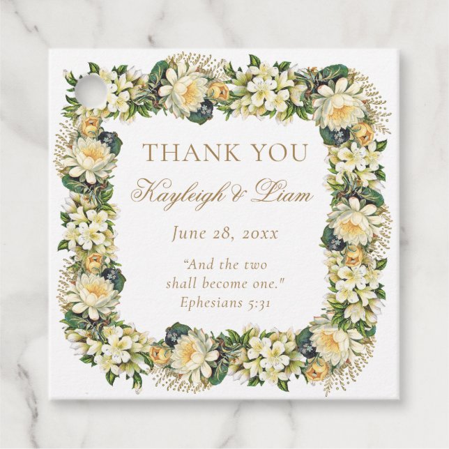 Blommigt White Bible Verse Christian Wedding Favor Gåvor Etiketter (Framsida)