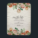 Blommigt White Brick Bröllop spara datum Magnet<br><div class="desc">En bröllop spara datum-magnet med en bild av blommor och grönt över överkanten och grund över en vit tegelbakgrund.</div>