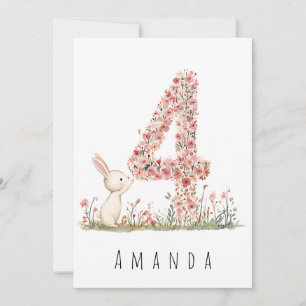 Blommigt White Bunny 4e födelsedagen Card Inbjudningar