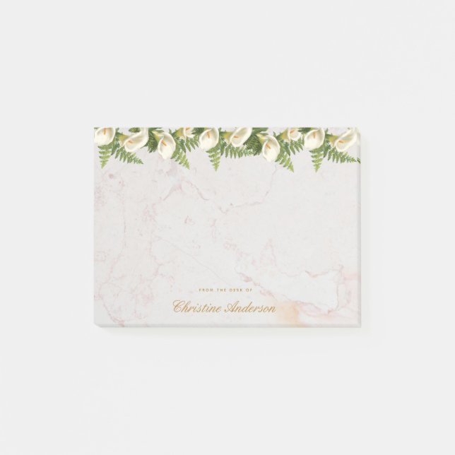 Blommigt White Calla Lilies Marble Golden Script Post-it Block (Framsida)