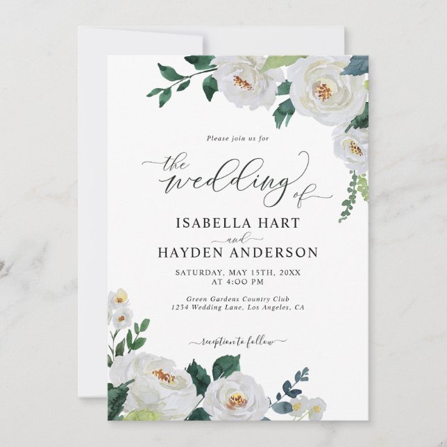 Blommigt White Emerald Elegant Watercolor Bröllop Inbjudningar (Framsida)