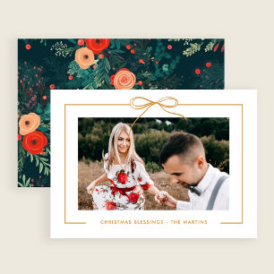 Blommigt White Guld Bow Framed Photo Jul Julkort