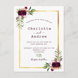 Blommigt white guld greenery burgundy boho bröllop vykort