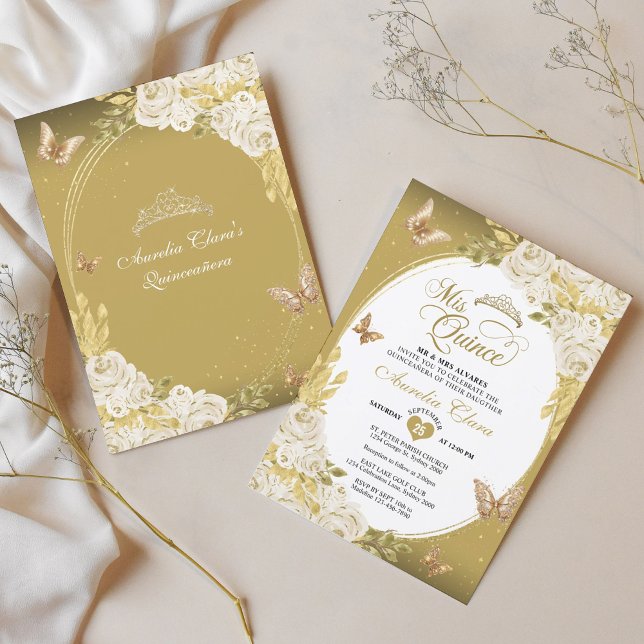 Blommigt White Guld Tiara Butterfly Mis Quinceañer Inbjudningar (Skapare uppladdad)
