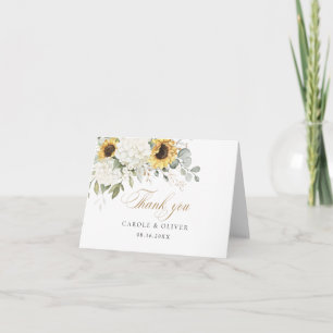 Blommigt White Hydrangea Sunwers Greenery Bröllop Tack Kort