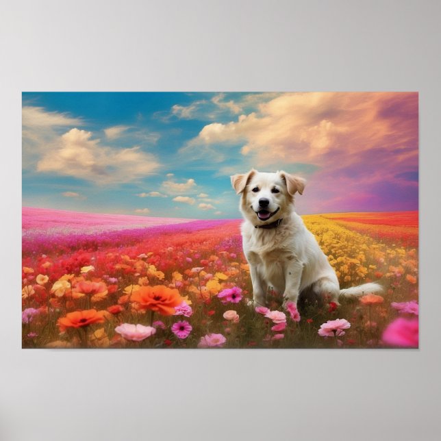 Blommigt White Labrador-hämtning som kan laddas ne Poster (Framsidan)
