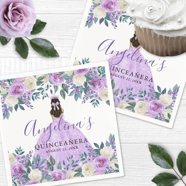 Blommigt White Lila Quinceanera Pappersservett (Floral White Purple Quinceanera Napkins)