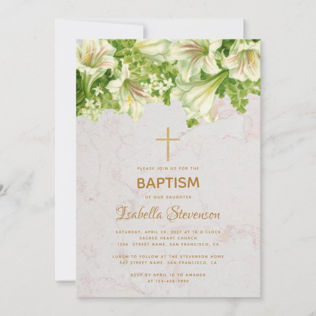 Blommigt White Lilies Marble Guld Kor Baptism Inbjudningar (Framsida)