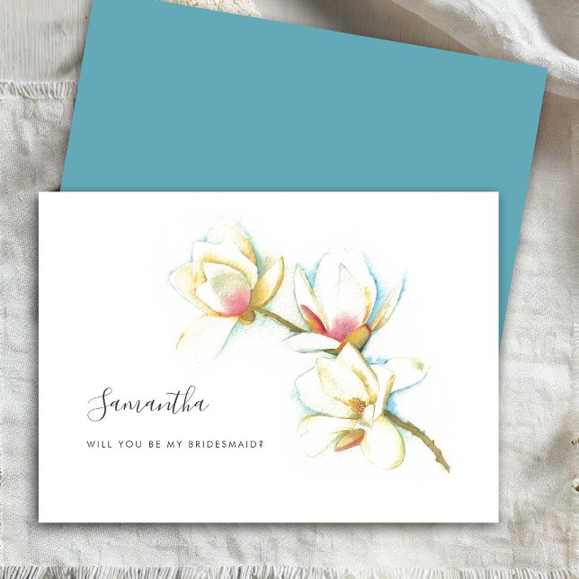 Blommigt White Magnolia Watercolor Bridesmaid Card Julkort (Bridesmaid proposal cards watercolor magnolia flowers art by Victoria Grigaliunas)