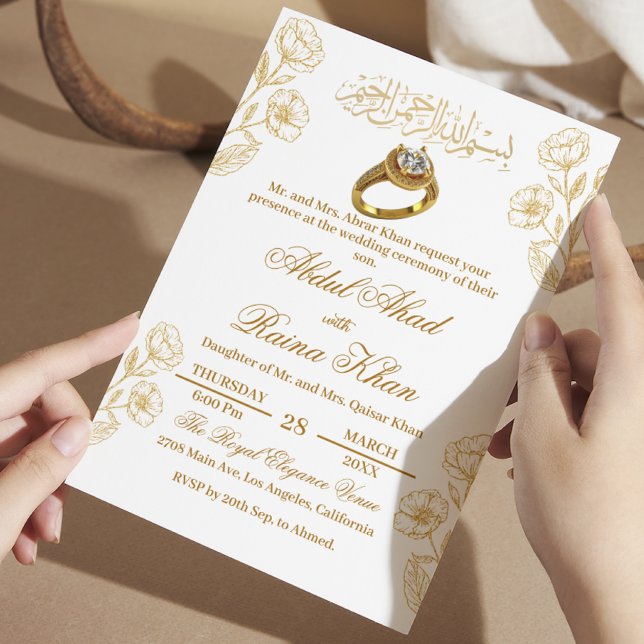 Blommigt White och Guld Muslimska islamiska Förlov Inbjudningar (Skapare uppladdad)