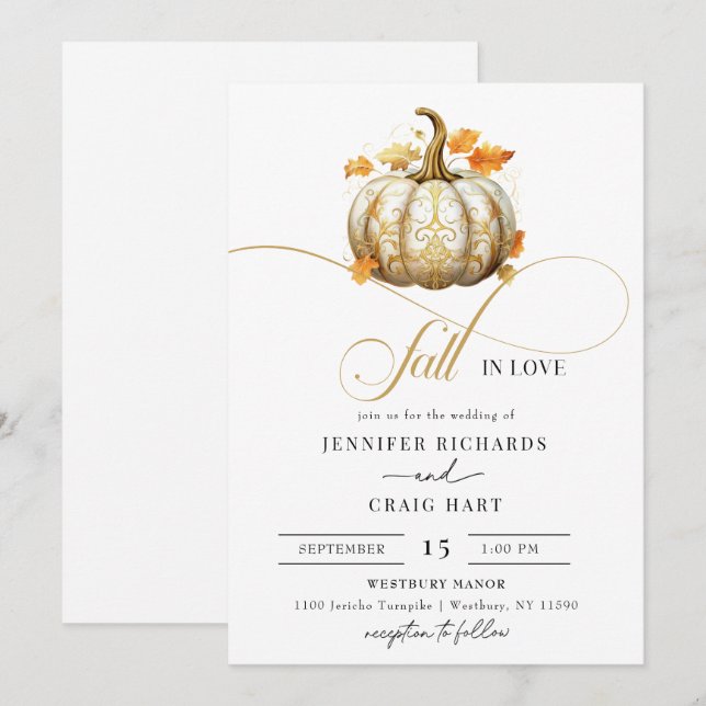 Blommigt White och Guld | Pumpkin Fall Wedding Inbjudningar (Fram/baksida)