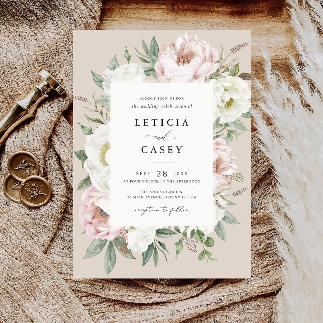 Blommigt  White Peony Ram Elegant bröllop Inbjudningar (Skapare uppladdad)