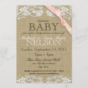 Blommigt White Snöre och Bow Baby Shower Rosa Inbjudningar