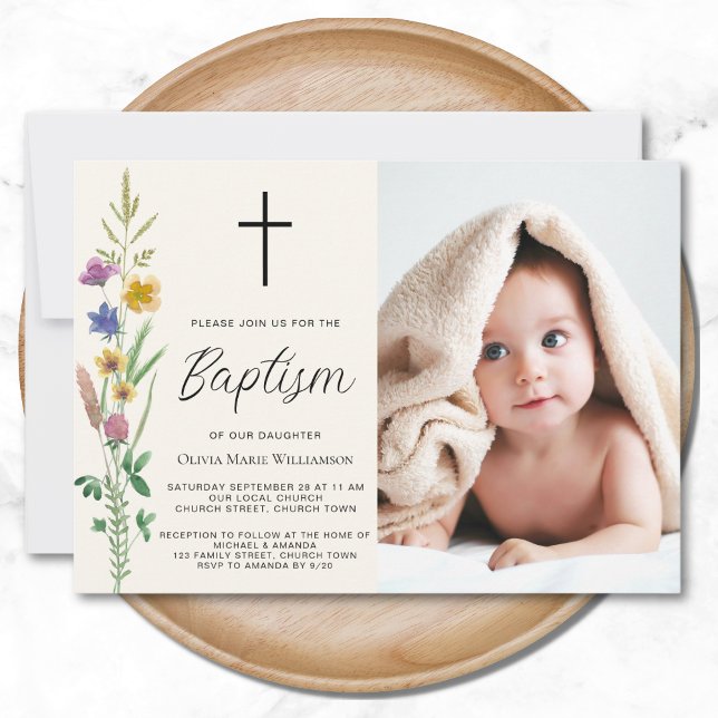 Blommigt Wildblomfoto Baptism Inbjudningar (Skapare uppladdad)