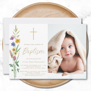 Blommigt Wildblomfoto Baptism Inbjudningar