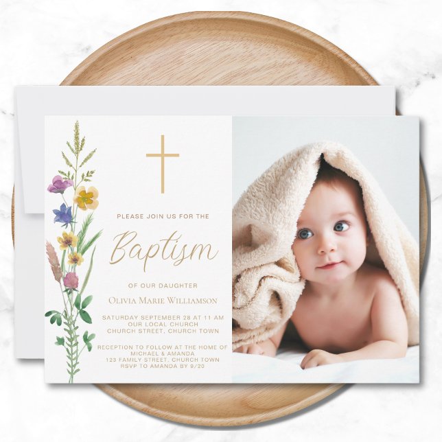 Blommigt Wildblomfoto Baptism Inbjudningar (Skapare uppladdad)
