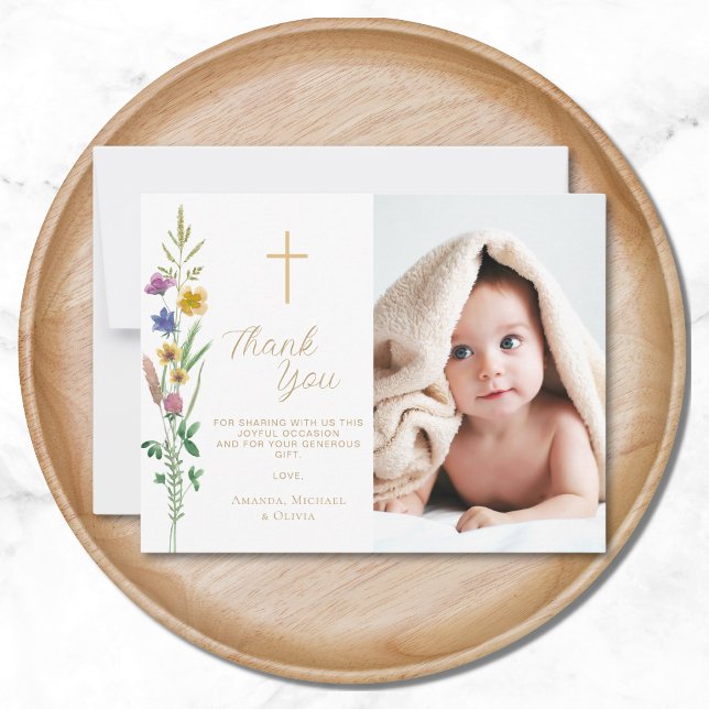 Blommigt Wildblomfoto Baptism Tack Kort (Skapare uppladdad)