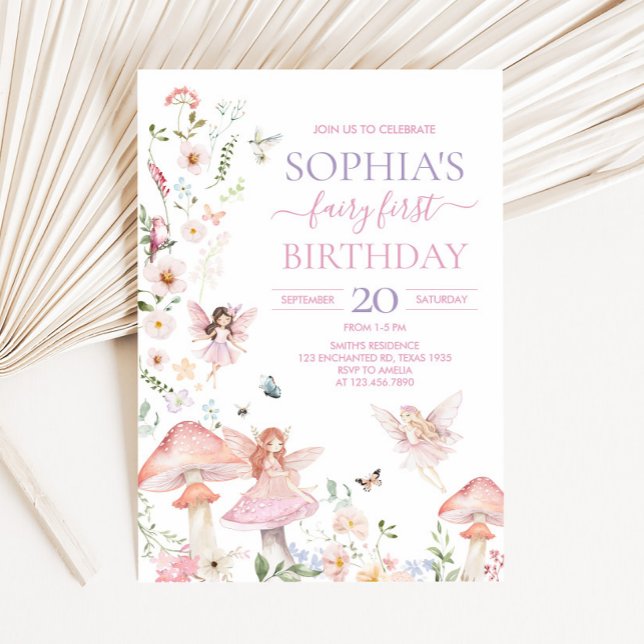 Blommigt Wildblomme Fairy First Födelsedagsfest Inbjudningar (Floral Fairy First Birthday Party Invitation)