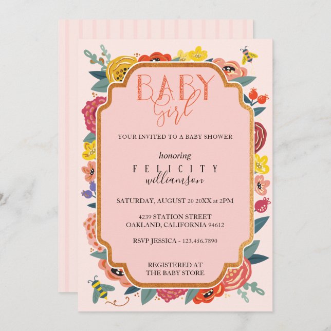 Blommigt Wildblommor & Flicka Bee Bee Shower Inbjudningar (Fram/baksida)