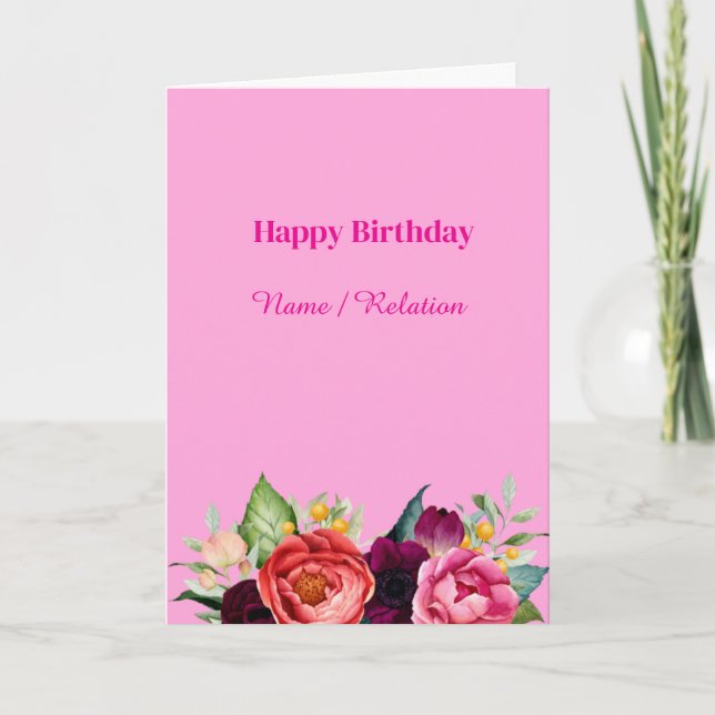 Blommigt Wildbloms Rosa Watercolor Birthday Kort (Framsida)