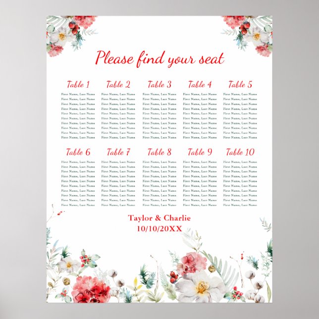 Blommigt Winter Wedding 10 Bord Sittdiagram Poster (Framsidan)