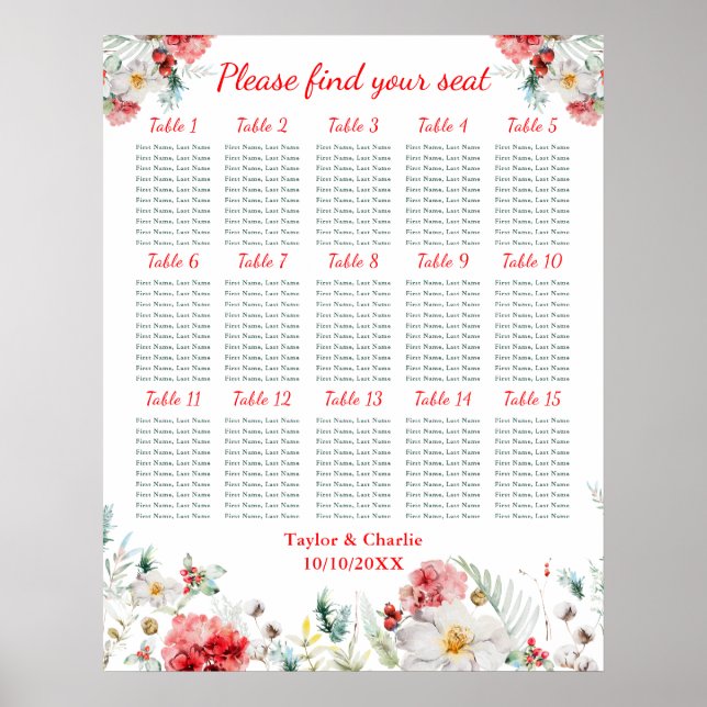 Blommigt Winter Wedding 15 Bord Sittdiagram Poster (Framsidan)