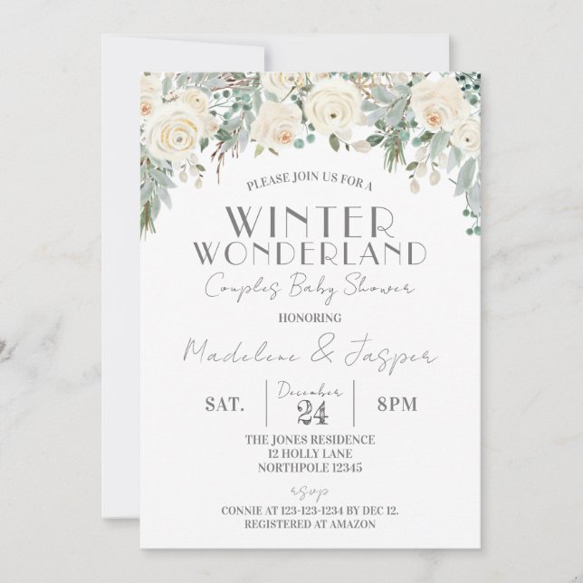 Blommigt Winter Wonderland, Par Baby Shower Inbjudningar (Framsida)