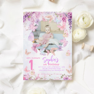 Blommigt Wisteria Butterfly Kids Photo Birthday Inbjudningar