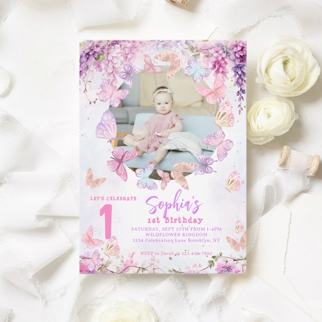Blommigt Wisteria Butterfly Kids Photo Birthday Inbjudningar (Skapare uppladdad)