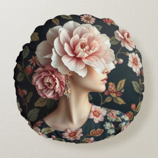 Blommigt Woman Art - Levande liv i fullt bloom Rund Kudde