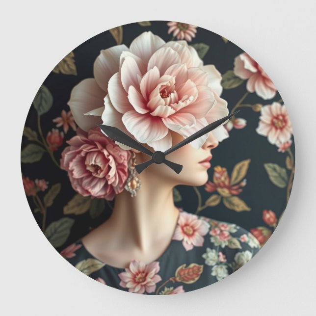 Blommigt Woman Art - Levande liv i fullt bloom Stor Klocka (Framsida)