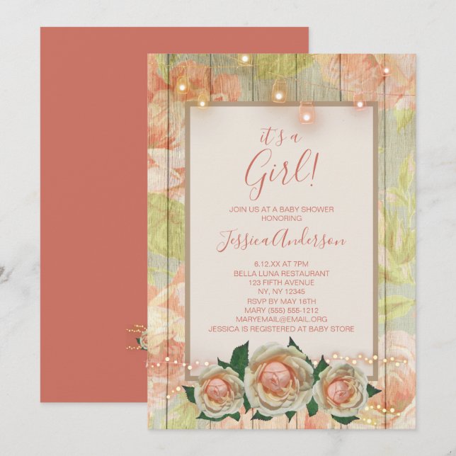 Blommigt Wood Ro Mason Burk Light Baby Shower Inbjudningar (Fram/baksida)