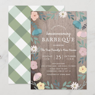 Blommigt Wood Rustic HouseuppvärmBBQ Inbjudningar