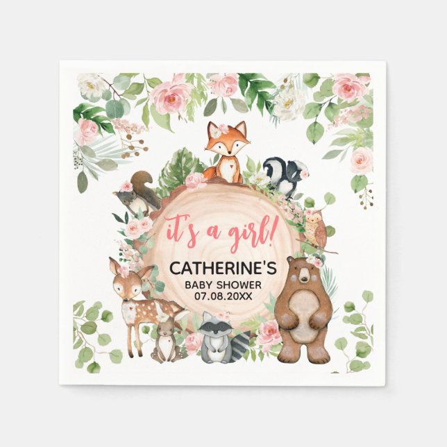 Blommigt Wood Slice Baby Shower för trädjur Pappersservett (Framsidan)