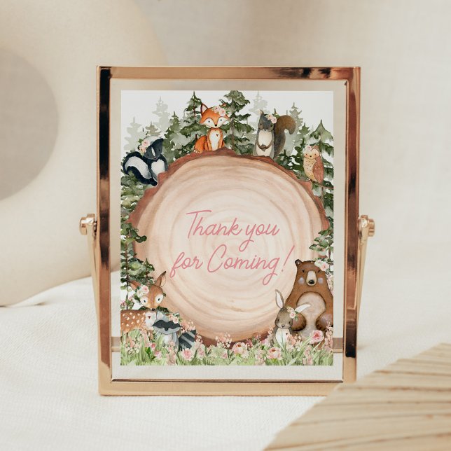 Blommigt Wood Slice - tack för att du kom Poster (Floral Woodland Animals Baby Shower Thank you for Coming Sign)