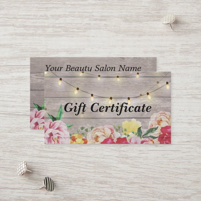 Blommigt Wood & String Ljus Salon Gift Certificate Rabattkort (Fram/Back In Situ)