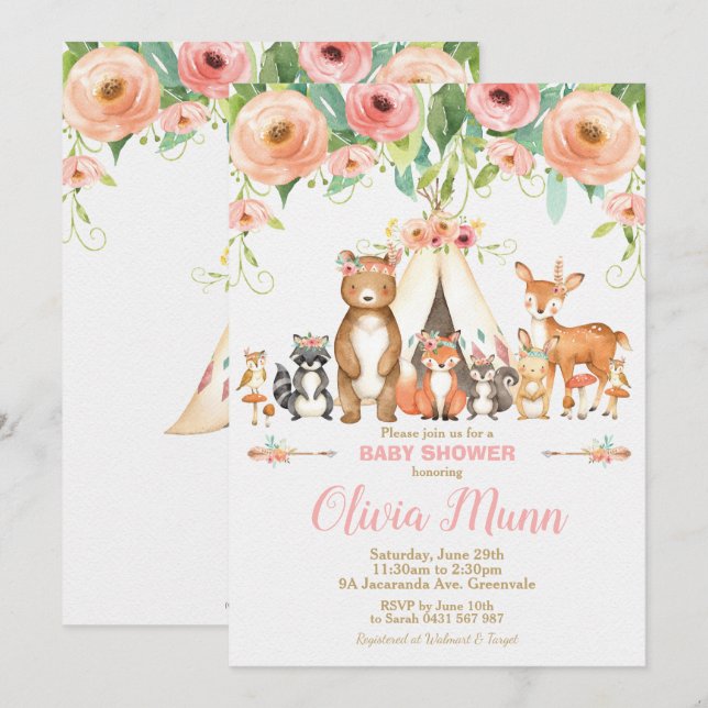 Blommigt Woodland Animals Baby Shower Forest Girl Inbjudningar (Fram/baksida)
