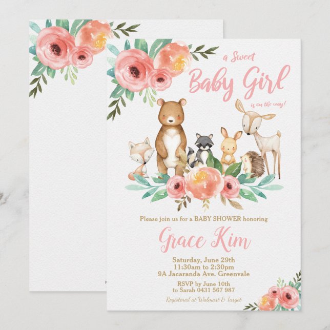Blommigt Woodland Animals Baby Shower Forest Girl Inbjudningar (Fram/baksida)