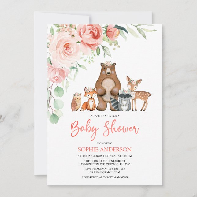  Blommigt Woodland Animals Baby Shower Inbjudningar (Framsida)