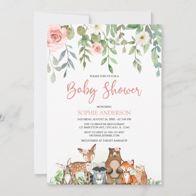  Blommigt Woodland Animals Baby Shower Inbjudningar (Framsida)