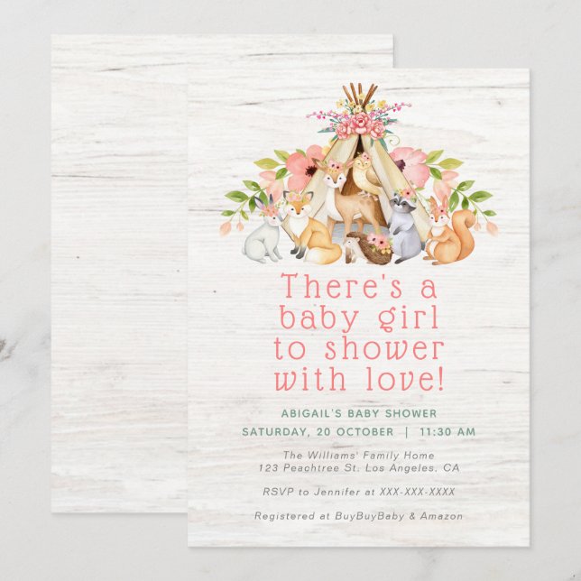 Blommigt Woodland Animals Camping Girl Baby Shower Inbjudningar (Fram/baksida)