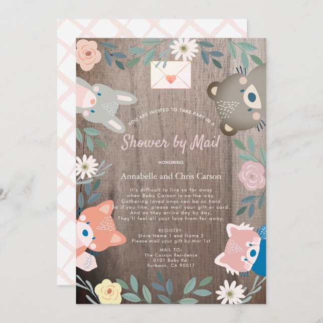 Blommigt Woodland Animals Rosa Baby Shower by Mail Inbjudningar (Fram/baksida)