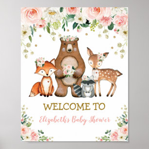  Blommigt Woodland Baby Shower Birthday Välkommen Poster