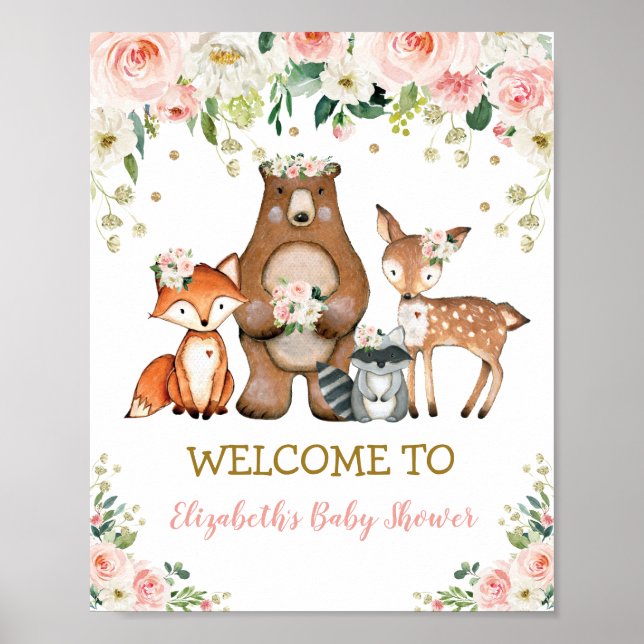 Blommigt Woodland Baby Shower Birthday Välkommen Poster (Framsidan)