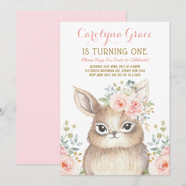  Blommigt Woodland Bunny Rabbit 1:a födelsedag Inbjudningar (Fram/baksida)